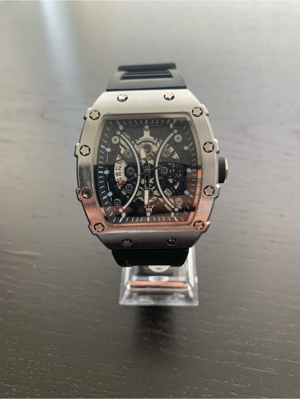Black Skeleton Dial Silver Bezel Sports Watch - RM style